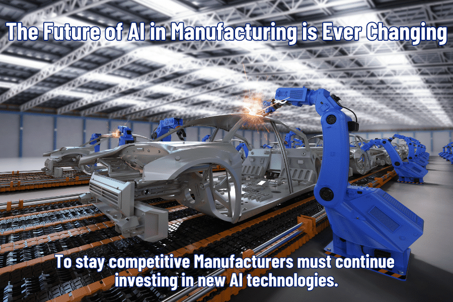 The Future of AI in Manufacturing is ever changing. To stay competitive manufacturers must continue investing in new AI technologies.